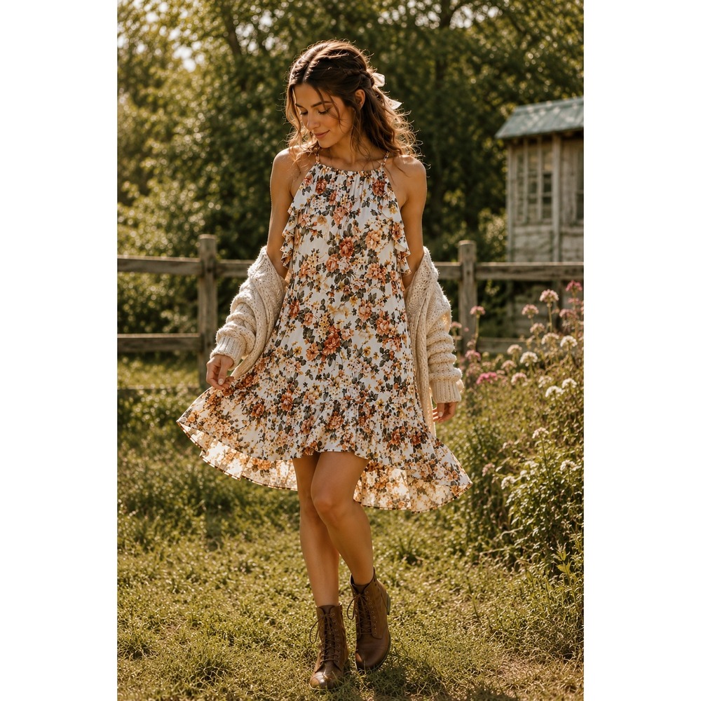 Wallflower Boho Cottagecore Floral Ruffle Halter Dress Plus Size 3X Romantic